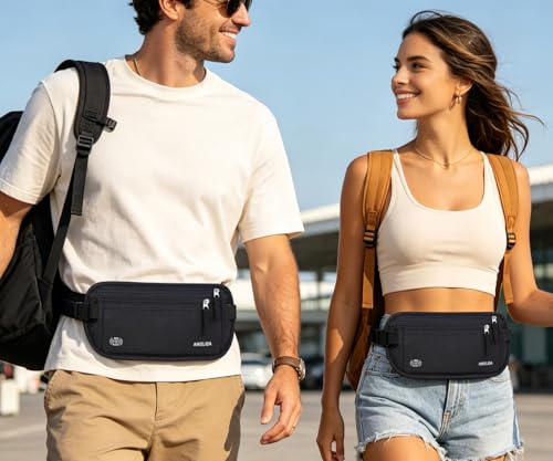 Image of RFID Blocking Money Belt - Passport Holder & Travel Wallet, Slim Hidden Fanny Packs for Women Men - Black