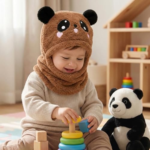 Image of Kraptick Winter Kids Monkey Cap - Cute Panda Plush Balaclava Hat with Neck Warmer Scarf Soft Woolen Fleece Lined Windproof Earflap Hood for Babies -3