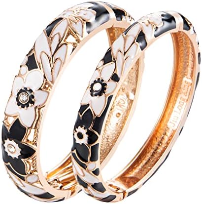 UJOY Womens Multi-Colors Cloisonne Bracelet Gold Plated Flower Hollowed Enameled Hinged Cuff Bangles Jewelry Gift 88A11 Black