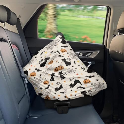 Image of Carseat Covers Baby Girl Essential - Car Halloween Decor Cat Breastfeeding Cover Carseat Canopy Cover, Cobweb Pumpkin Infant Stroller Covers for Boys and Girls