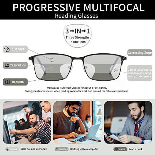 Image of LKEYE Progressive Multifocus Reading Glasses Men No Line Multifocal Transition Blue Light Readers Metal Wide Frame Eyeglasses