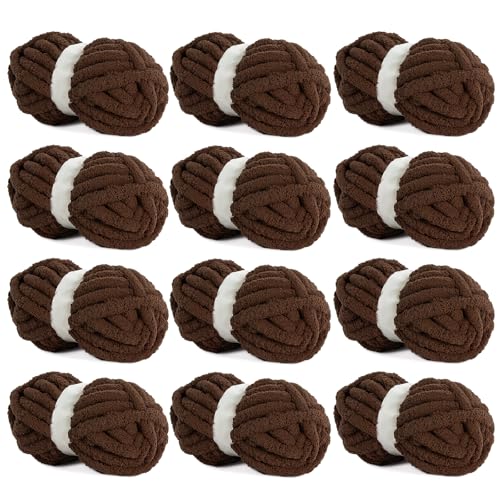 HOMBYS Dark Coffee Chunky Chenille Yarn for Crocheting, Bulky Thick Fluffy Yarn for Knitting,Super Bulky Chunky Yarn for Hand Knitting Blanket, Soft Plush Yarn, 12 Jumbo Pack (27 yds,8 oz Each Skein)