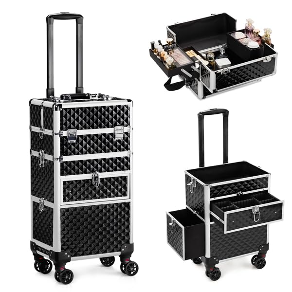 Rolling Makeup Train Case, 4-Tier Professional Cosmetic Organizer with Wheels, Black Diamond Pattern, 13.4 x 9.4 x 28.5 inches