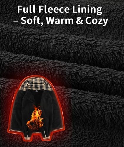 Image of V VALANCH Men's Sherpa Lined Flannel Jacket with Hood - Zip Up Plaid Shirt Jacket Winter Outdoor Warm Outerwear Fleece Coat