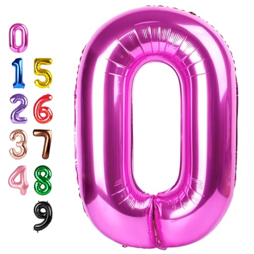 Image of 0 Balloon 40 inch Pink Number Balloons for 10th Birthday Party Decoration | Saturated Color, Large 40 in, With Straw & Hanging Hole, For Back-to-School Season, Wedding, Christmas, New Year, Anniversary