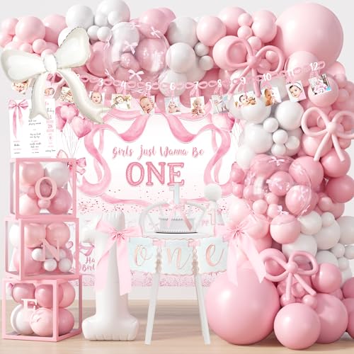 Pink Bow 1st Birthday Decorations First Birthday Party Supplies for Girl Pink White Balloon Arch Balloon Box Girls Just Wanna Be One Backdrop High Chair Banner