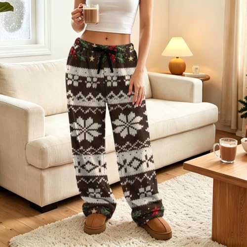 Wide Leg Pajama Pants for Women Plush Christmas Print Flannel Travel Pant - image 3