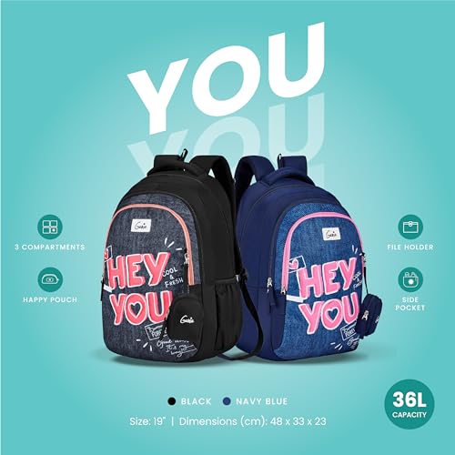 Image of Genie You Backpack for Women, 19 inch Bags for Girls, Water Resistant and Lightweight, 3 Compartment Bag with Happy Pouch, 36 Liters, Nylon Twill, Navy Blue