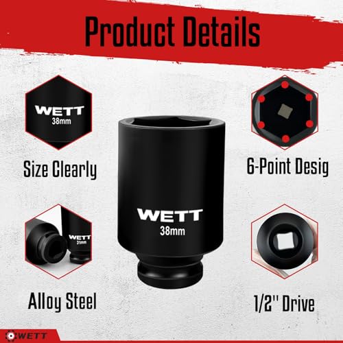 Image of WETT 1 /2 inch Drive Deep Large Impact Socket Set, 9-Piece Spindle Axle Nut Metric 6 Point Sockets Set, CR-V, 29mm-38mm