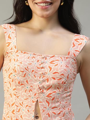 Image of oxolloxo Women Printed Top with Square Neck, Smocked Back, Shoulder Straps, Button Fly and Front Slit in Soft Poly Seersucker Dobby Fabric