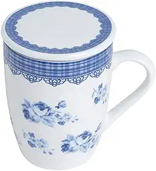 LYOR - Caneca de Porcelana Super White com Tampa e Filtro Grécia Azul/Branca 340ml