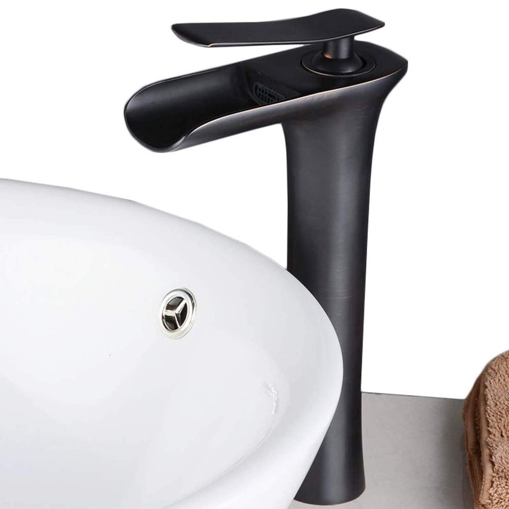 SBCGFY Tall Basin Mixer Tap For Bathroom, Black Waterfall Basin Tap, Brass Countertop Waterfall Basin Taps, One Hole Bathroom Taps Mixer Wash Sink Faucet