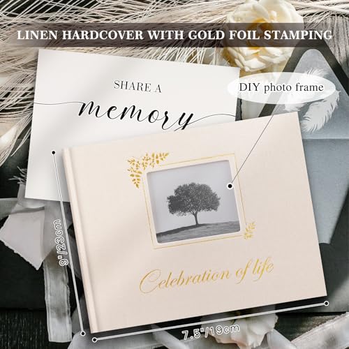 Image of Lanpn Funeral Guest Book for Memorial Service, Linen Celebration of Life Registry Guest Book with Open Window, Memory Book for Funeral with Table Sign, Funeral Favors Sign in Books for Guests, Beige