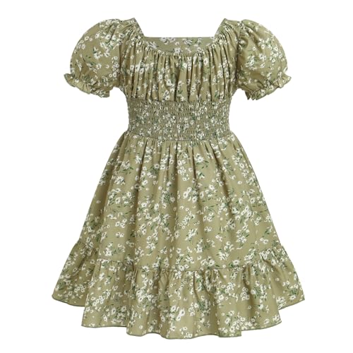 Girl Floral Puffy Sleeve Smocked Waist Dress Square Neck A-Line Midi Sundress Kid Ruffle Summer Twirl Swing Beachwear2