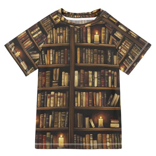 Boys Short Sleeve T-Shirts Vintage Library Book Rashguard Kids Swim Shirts Sun UPF 50+ Multicoloured