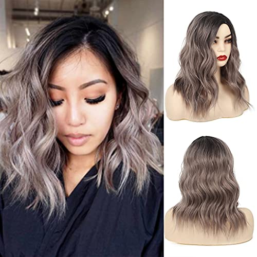 Sallcks Short Wavy Bob Wig Ombre Ash Purple Wig Side Part Synthetic Heat Resistant Cosplay Costume Halloween Wig for Women