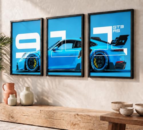 Image of HOMESY Sports Cars Framed Posters Gift Items for Boys Room | Wall Decoration for Bedroom Living Room Office Gaming Room Decor | Sports Cars Poster with Frame for Wall Decor Set Of 3 Size (10x13 inch, BLACK)
