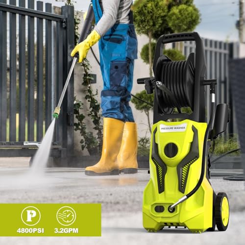 Light Yellow Electric Pressure Washer 4800 PSI 3.2 GPM With 25 FT Hose Reel & Foam Cannon