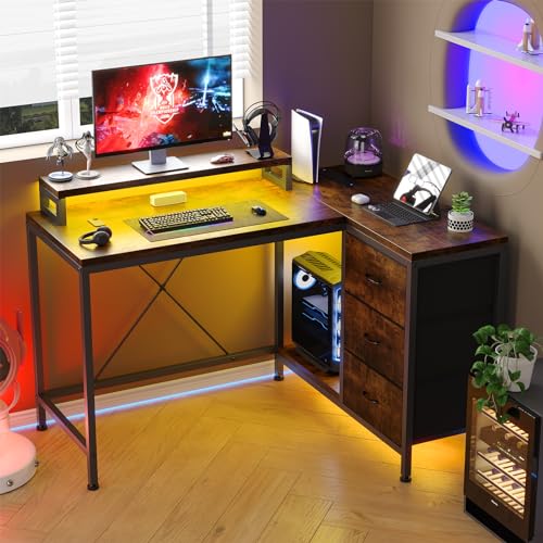 Image of Hetoy L-Shaped Computer Desk with Charging Station - Corner Gaming Desk with LED Lights, Drawers & Storage Shelves for Home Office Use, Rustic Brown