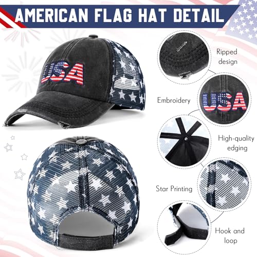Image of Hercicy 4 Pieces American Flag Hat USA Hat for Men Patriotic Hats Baseball Cap Unisex Vintage Embroidery Cotton Cap Adjustable for Men Women Black