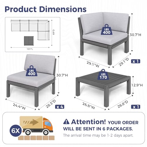 Image of Modular Outdoor Patio Conversation Set, 6-Piece L-Shaped Sectional Sofa Set with Coffee Tables & Thick Cushions, Easy Side Interlock, HIPS All-Weather Patio Furniture Set for Backyard, Deck, Poolside