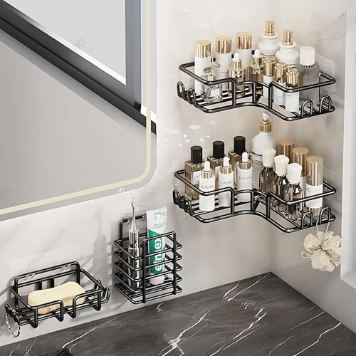 Image of CLAPONE Bathroom Corner Shower Caddy Set of 4, No Drill Self Adhesive Shower Organizer Shelves, Rustproof Metal Bathroom Storage Rack with Soap Holder & Toothbrush Holder, Black