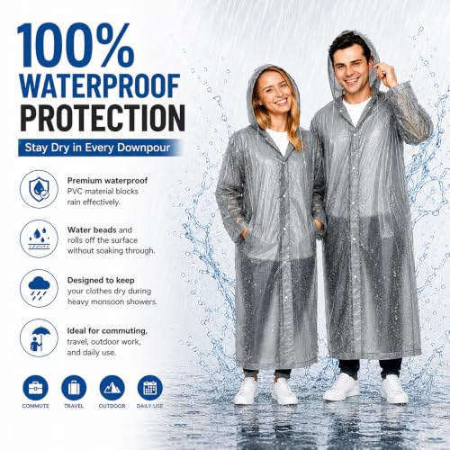 Image of OTOROYS Waterproof Long Rain Coat with Hood for Men, Women, Boys & Girls | Universal Full Length Reusable PVC Raincoat | Lightweight Portable Rain Ware for Bike Riding, Travel & Outdoor, Grey