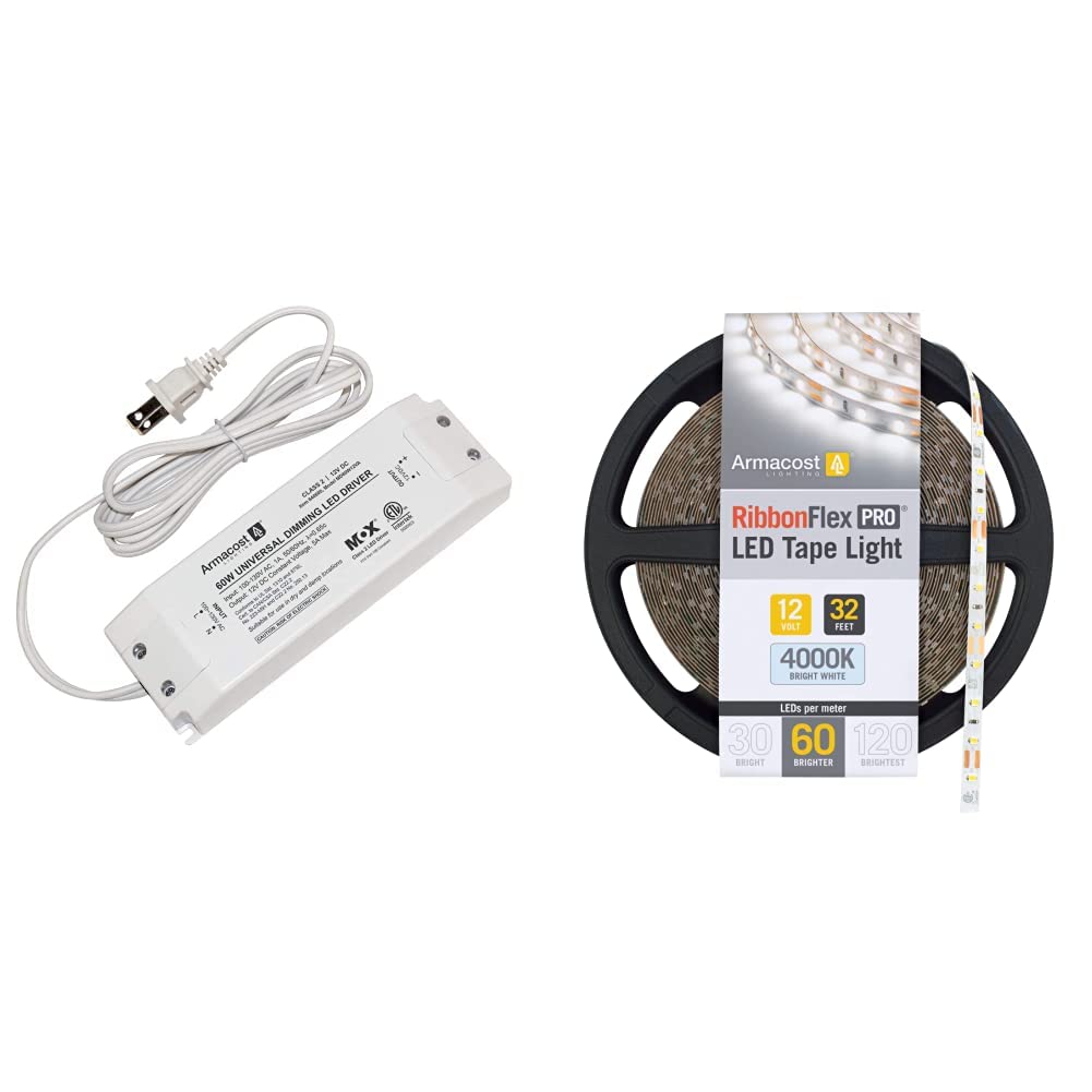 Armacost Lighting 840600 60 watt Dimmable Driver for LED Lighting, with Removable AC Cord, White &amp; 152250 RibbonFlex Pro Series 60 LED Strip Light, 32.8 ft, 4000K, LED Lights