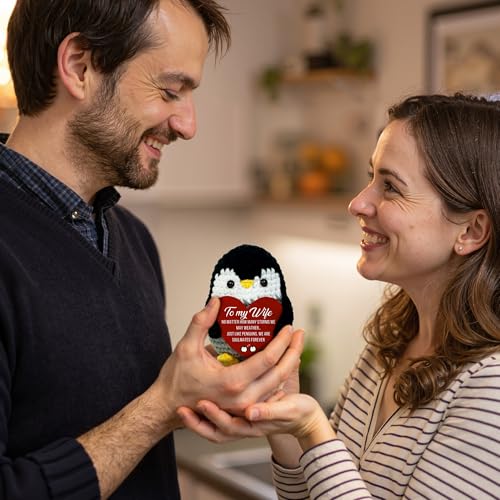 Image of Valentines Day Gift for Wife - to My Wife Penguin Gift - Handmade Crochet Penguin with Heart, Romantic Anniversary & Valentine's Day Gift for Wife, Cute Love Keepsake, Meaningful Marriage Present