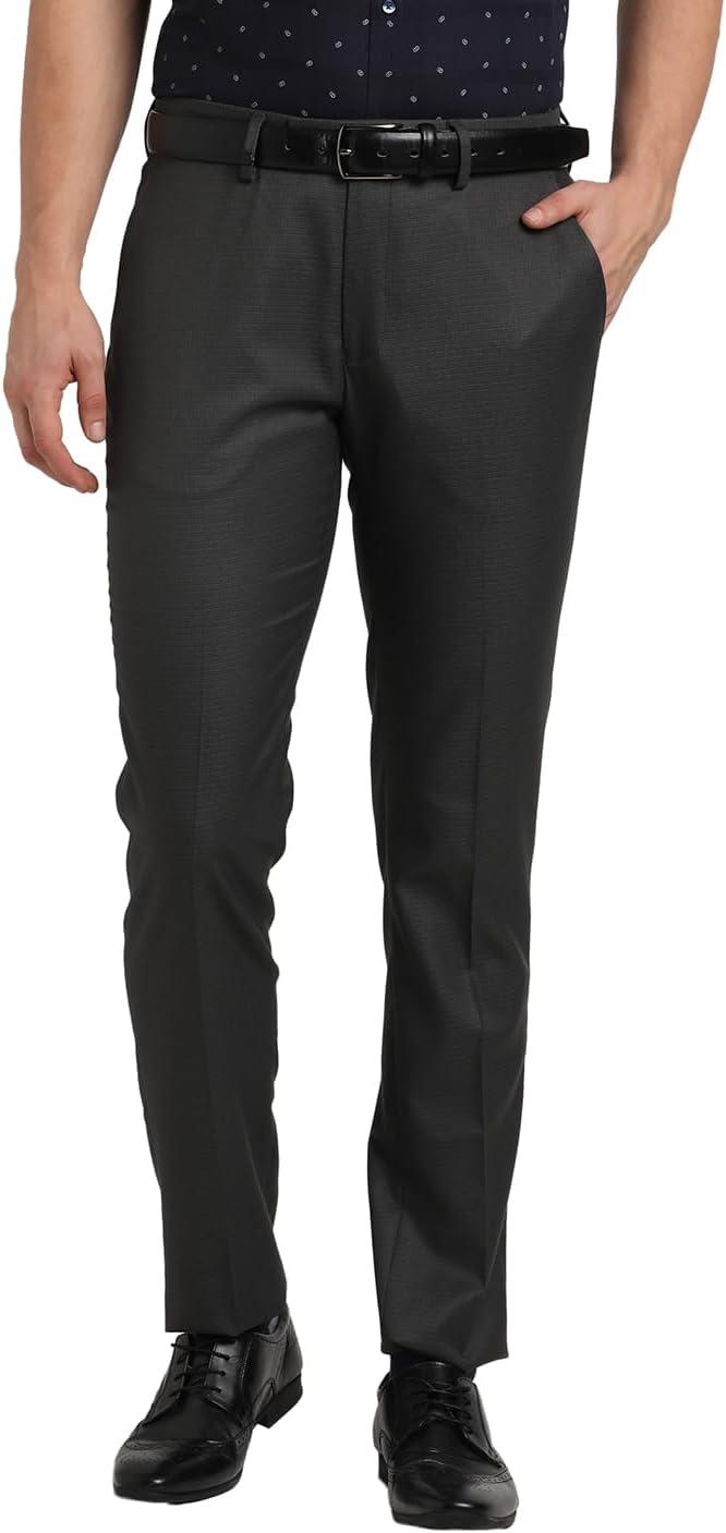 Men PV Lycra Solid Slim Fit Charcoal Grey Formal Trouser
