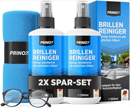 PRINOX 2x Brillenreiniger Set 250ml mit Mikrofaser Brillenputztuch - Brillen Reiniger mit Mikrofaser Tuch für alle Brillen gegen Fettflecken und Fingerabdrücke auf der Brille