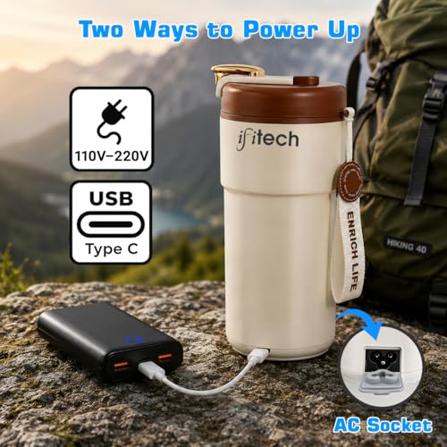 Image of IFITech 2-in-1 Portable Electric Kettle Stainless Steel Leakproof Flask for Boiling Water and Warming Milk | USB Type-C & AC Power | 300W Fast Heating | Portable Electric Water Bottle for Travel