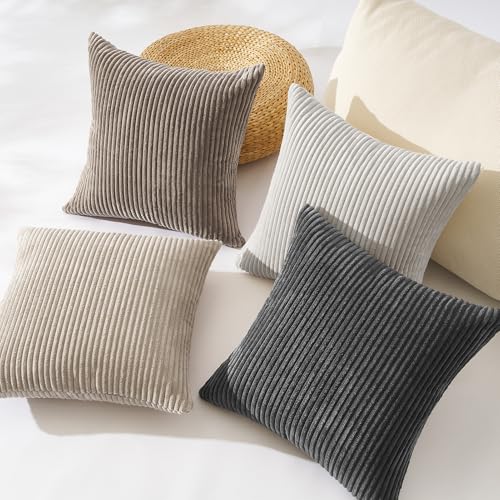 Image of Topfinel 4 Packs Natural Decorative Throw Pillows Covers 22x22 Inch for Living Room Couch Bed Sofa, Rustic Farmhouse Boho Neutral Home Decor, Soft Plush Striped Corduroy Square Cushion Case 40x40 cm