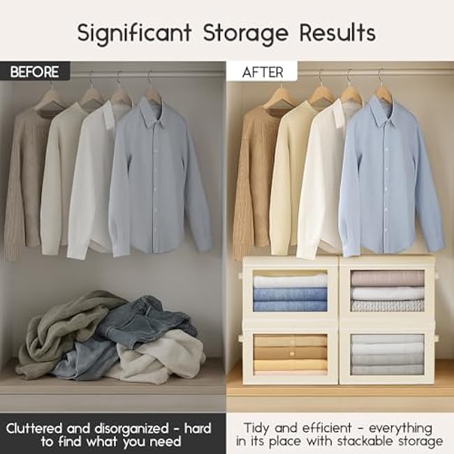 Collapsible Storage Bins with Lids - Stackable Storage Containers with Window, 6 Pack Fabric Organizing Bins for Closet, Home & Office Organization Baskets, Beige, 14.9 x 9.8 x 9.8