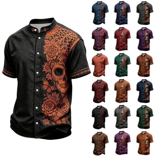 Halloween Button Down Shirts for Men Fun Skeleton Printed Casual Short Sleeve Stand Collar Novelty Shirt 2026 - image 1