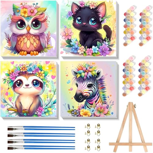 4 Pack Paint by Numbers Kit for Kids with Frame - Wooden Easel, Animal Paint by Numbers for Kids Ages 4 8 12, Easy Owl Cat Sloth Zebra Acrylic Oil...