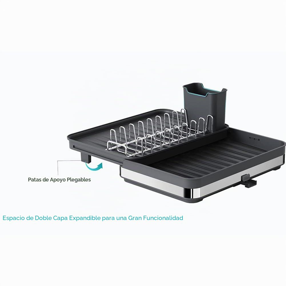 Escurridor Extensible en Acero Inoxidable para Platos y Cubiertos(30cm-51 cm), con Soporte para Utensilios, Portavasos, Estante De Secado De Platos para Mostrador De Cocina (Negro)
