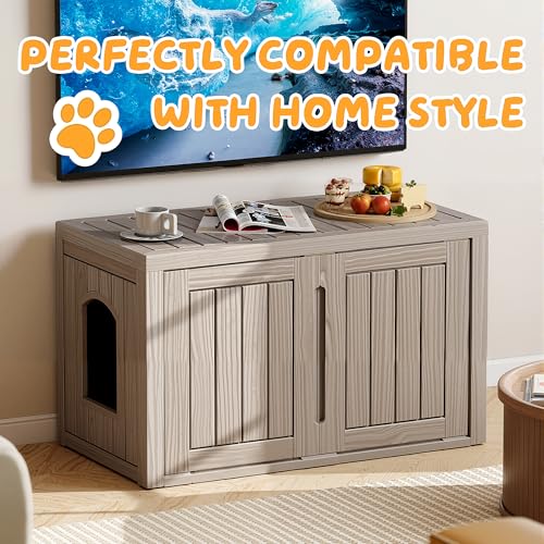 Image of Cat Litter Box Enclosure,Multi-Functional Hidden Litter Box Furniture Cabinet with Adjustable Partition & Side End Table, Indoor Outdoor Cat House with Double Doors,Easy to Clean & Assemble, Gray