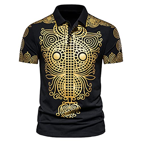 AS&ONEER African Dashiki Bronzing Print T Shirt Men African Clothing Summer Short Sleeve African Clothes Black M