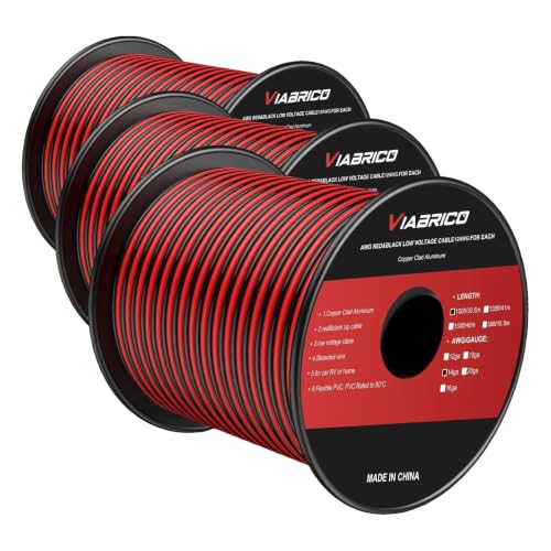 Image of VIABRICO 14AWG 100FT Electrical Wire Cable 2 Conductors Red Black Hookup LED Lighting Strips Flexible Extension Cord 14Gauge Copper Clad Aluminum 12V /24V DC (Pack of 3)