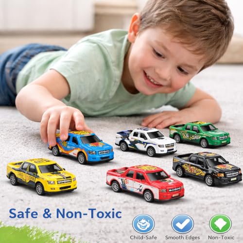 Image of DZLING Die-Cast Metal Toy Pickup Trucks, Pull Back Action Racing Cars, Vehicle Set for Kids Ages 3+ (12Pcs Die Cast Truck Set)