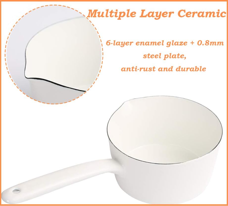 Miniatura 7 de MJFUNTXY Cacerola de leche esmaltada, cacerola de esmalte de 1.2 L, mini calentador de mantequilla, sartén de leche antiadherente con boquillas para