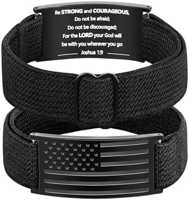 Patriotic American Flag Bracelet for Men - Military Adjustable Black Elastic Strap with Bible Verse - Veteran Gifts, Stocking Stuffers Christmas Gift for Boys