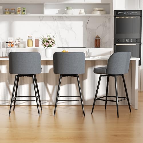 Image of Swivel Bar Stools Set of 3, 26 inch Counter Height Bar Stools with High Back and Metal Legs, Fabric Bar Chairs, Modern Barstools for Kitchen Island, Light Grey