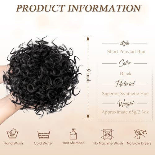 Messy Bun Hair Piece for Women Elastic Drawstring Short Curly Ponytail Extension High Temperature Synthetic Loose Wave Curly Hair Buns for Women Daily Party Use (Black) - Image 3