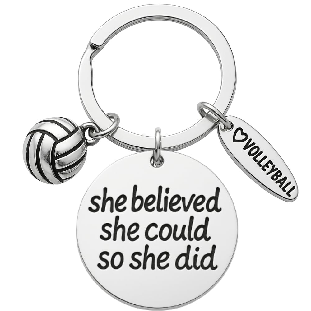 Volleyball Keychain Gift – She Believed She Could So She Did Quote with Heart and Ball Charms – Motivational Accessories for Volleyball Players, Teams