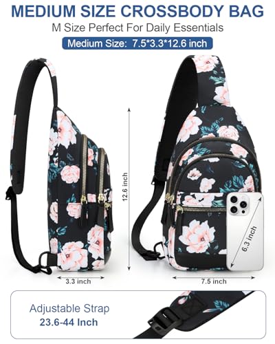Image of Capolo Sling Bag for Women Men Waterproof Crossbody Bags for Women Trendy Casual Fanny Pack with Convertible Shoulder Strap Chest Bag for Travel Hiking(Black Flower, Medium)