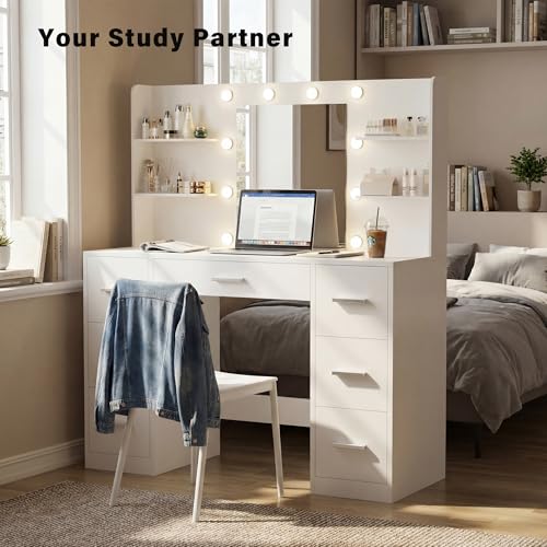 Image of Furmax Vanity Desk with Mirror, LED Lights and Power Outlet Makeup Vanity Table with 7 Drawers and 6 Storage Shelves Dressing Table for Bedroom Dressing Room (Bright White)