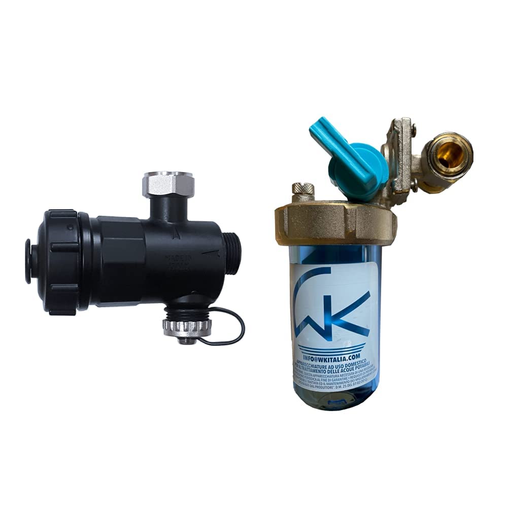 WK Filtro defangatore magnetico nero sottocaldaia 3/4", made in Italy & Dosatore di Polifosfati Ruotabile | Nuovo Antigoccia | Con By-Pass a Rubinetto e Pastiglia Inclusa,
