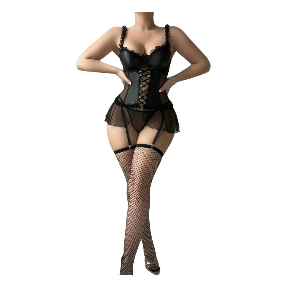 Damskie Erotyczne Fishnet Dół Bandaże Seksowne Ruffles Zestaw Bielizny-Czarny-L